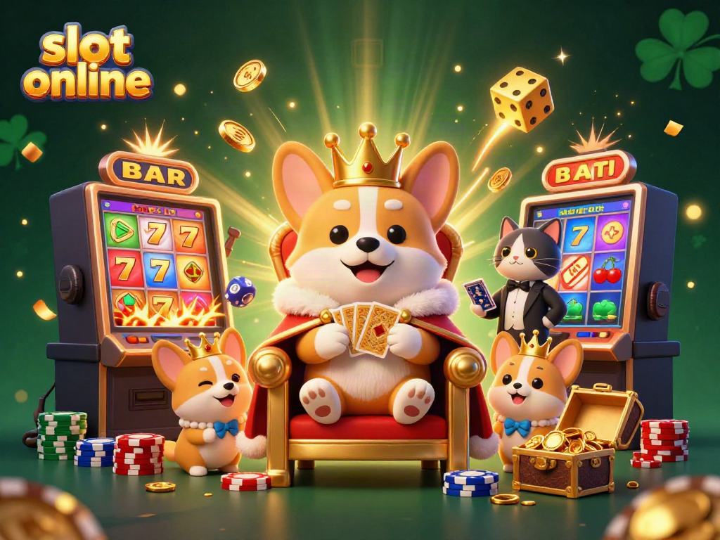 Menangkan slot online dengan corgi raja berbaju armani yang mengawasi aksi permainan kasino yang meriah.