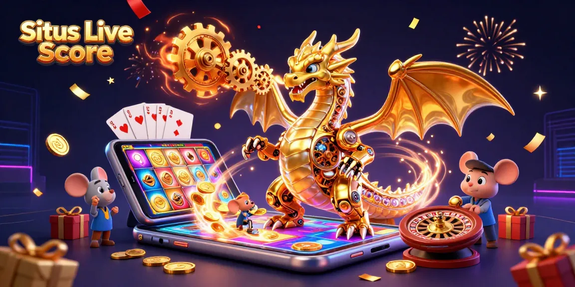 Situs Live Score showcases a vibrant scene of a golden dragon and gaming elements celebrating wins in 2026.