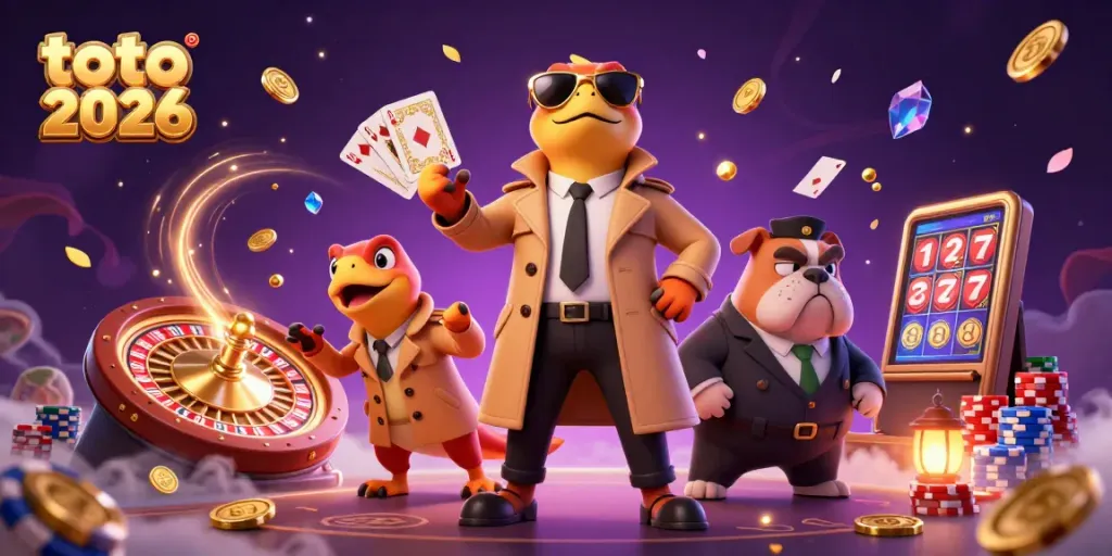 Tampilkan peluang toto 2026 dengan tiga raptor kartun mengenakan jas pegang kartu poker dan koin emas yang terbang.