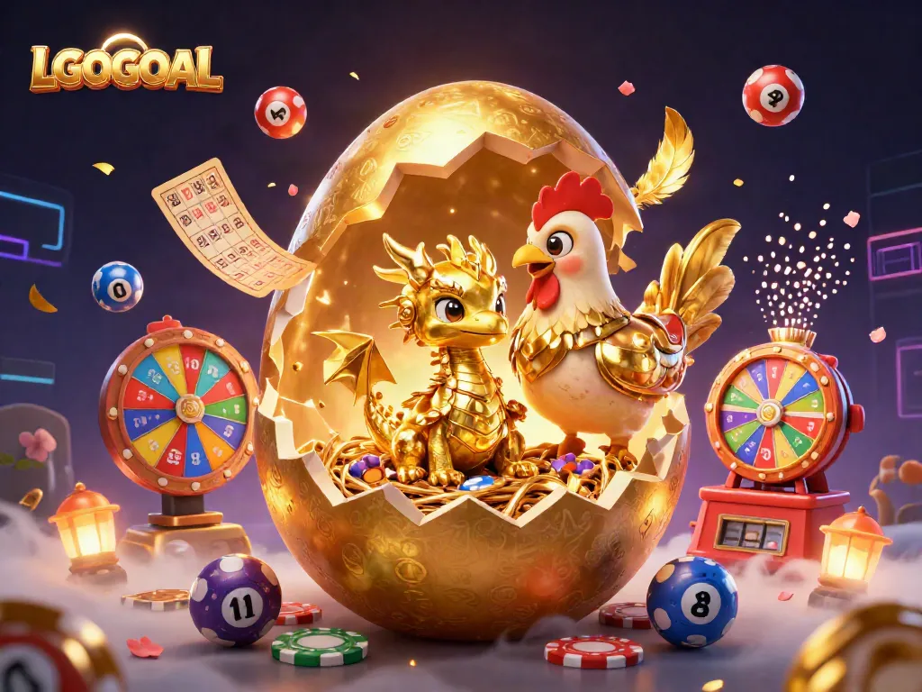 Engage with LGOGOAL for thrilling lottery excitement while a dragon guards your poker chip nest in a vibrant setting.