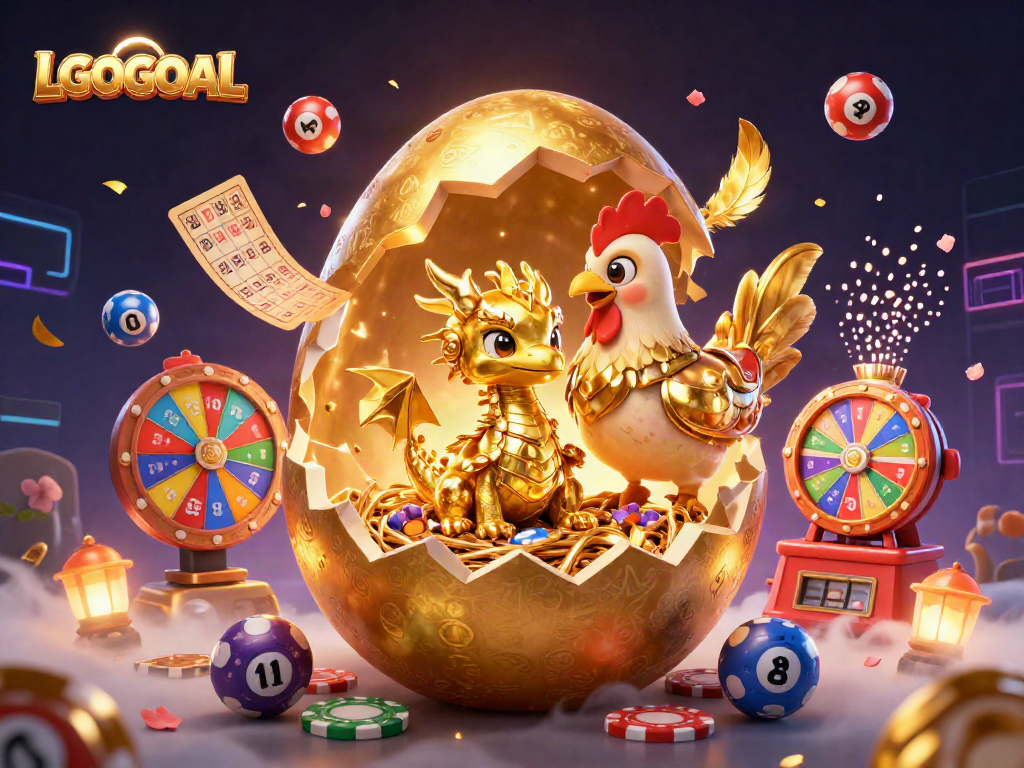 Engage with LGOGOAL for thrilling lottery excitement while a dragon guards your poker chip nest in a vibrant setting.