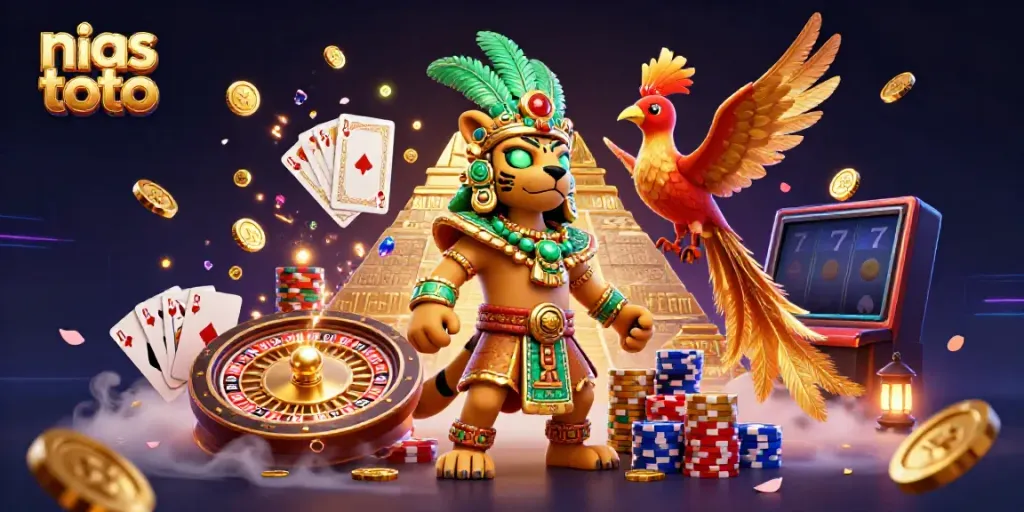 Ilustrasi 3D menampilkan nias toto dengan karakter utama dan hadiah jackpot berkilauan.