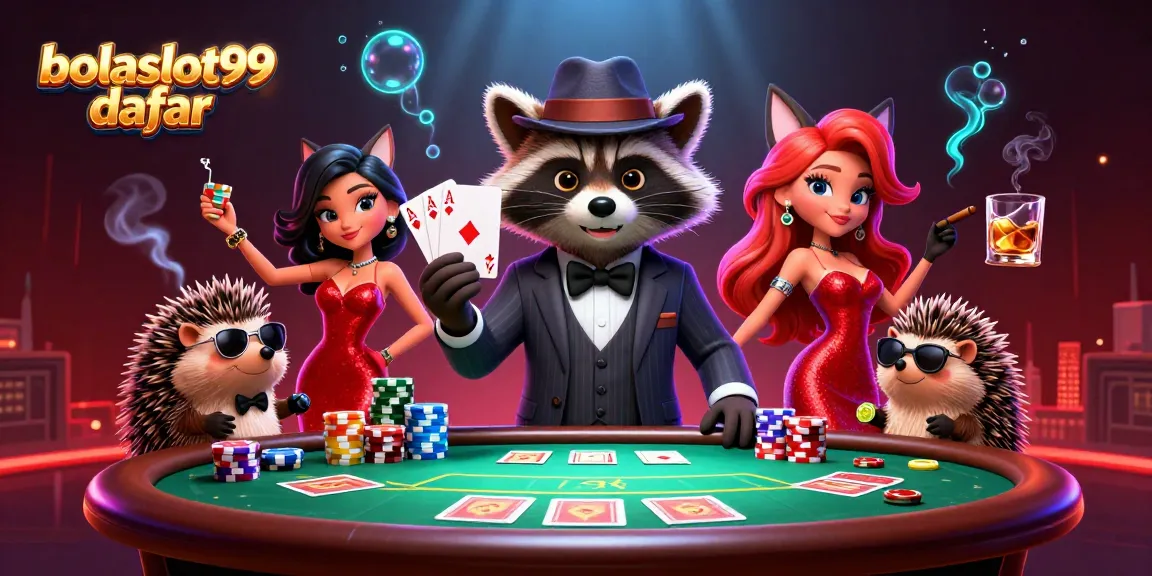 Bolaslot99 daftar showcases a charming raccoon and fox duo playing poker, featuring vibrant casino elements.