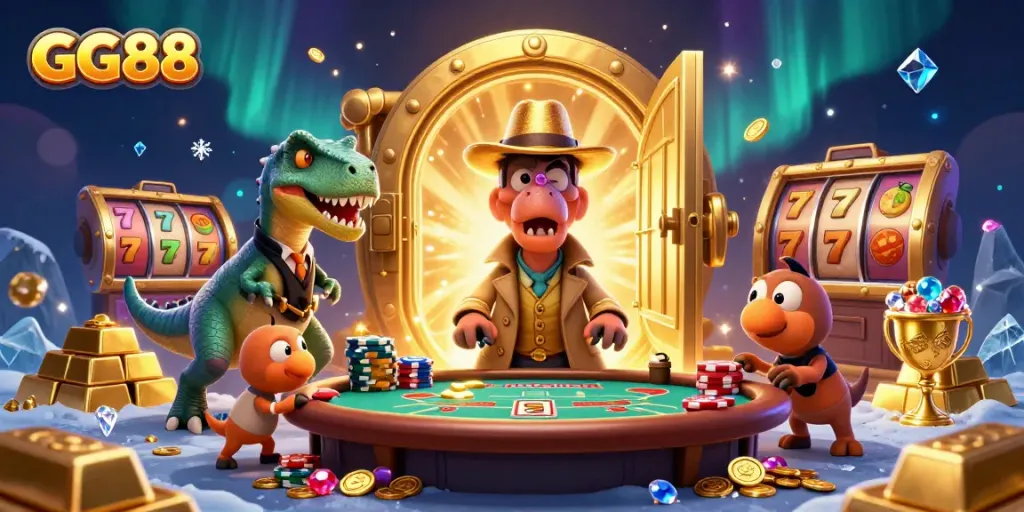 GG88 showcases a 3D cartoon velociraptor card counter at a blackjack table, surrounded by casino treasures.