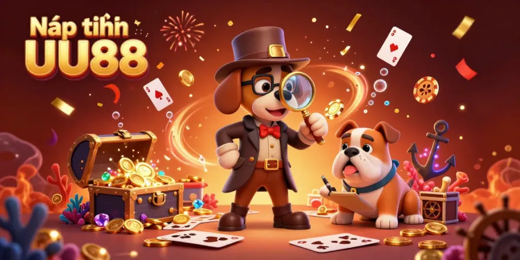 Engage in Nạp tiền UU88 with a cartoon detective unraveling treasure clues amid floating poker chips and vibrant gems.