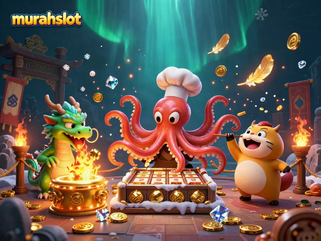 Engage with murahslot's thrilling slots experience in a vibrant 3D casino scene.