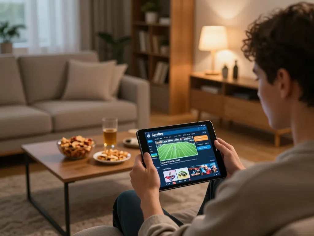 Socolive trực tiếp streaming on a tablet in a cozy living room during an online gambling session with snacks.
