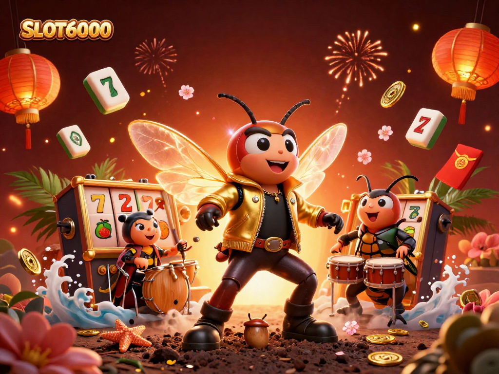 Rayakan kemenangan di SLOT6000 dengan cicada rock star dan elemen kasino warna-warni.