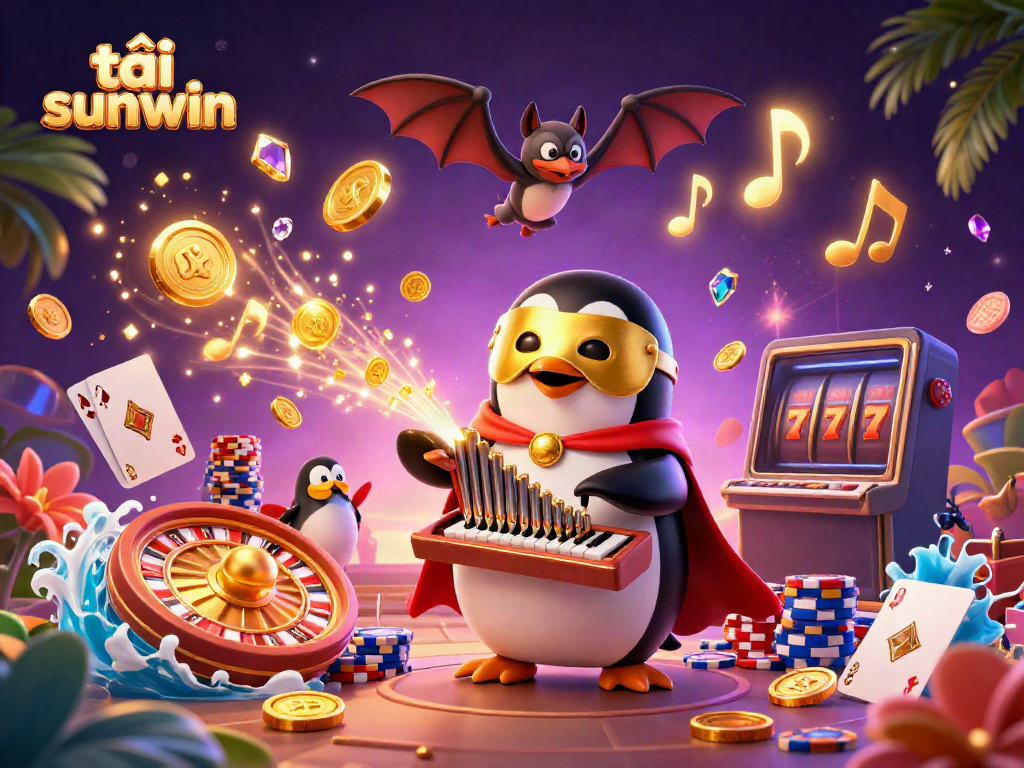 Experience excitement with tải sunwin, featuring a casino scene of a penguin playing organ, coins flying around.