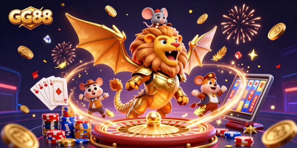 Immerse in the vibrant GG88 casino world with a triumphant chimera and joyful gameplay elements