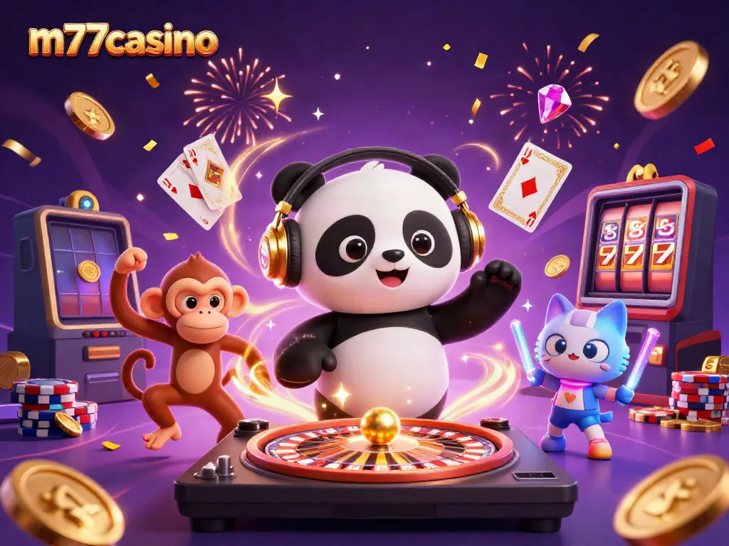 Aktivitas bermain di m77casino dengan panda DJ dan monyet breakdance yang dikelilingi koin emas dan permainan kartu.