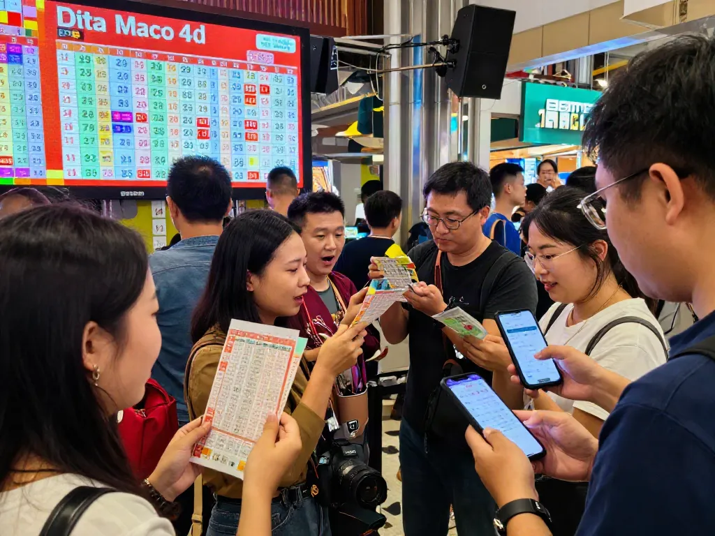 Penggemar lotere membandingkan Data Macau 4D di lokasi ramai dengan layar digital menampilkan hasil terbaru.