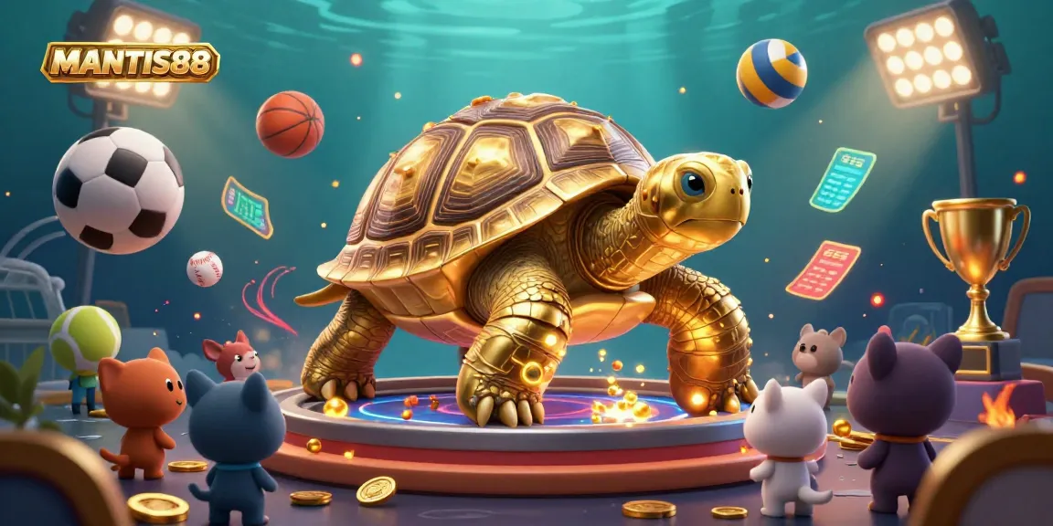MANTIS88 showcases an energetic scene featuring a golden tortoise pinball machine surrounded by excited animals and sports elements.