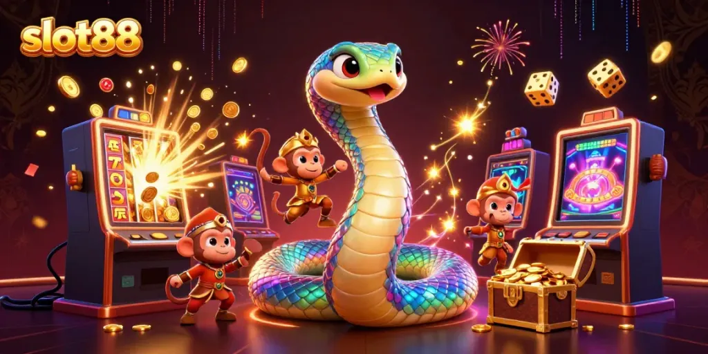 Experience thrilling slot88 gaming with a dynamic 3D illustration of jackpot excitement and colorful characters.