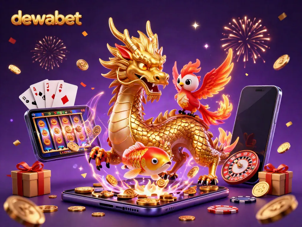 Rasakan keseruan bermain slot online di DewaBet dengan ilustrasi naga emas dan phoenix berapi.
