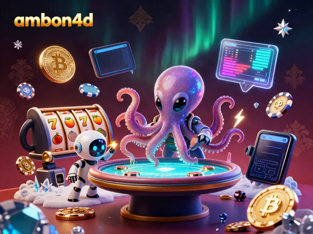 Alien octopus at a holographic poker table highlights ambon4d's vibrant gaming experience.