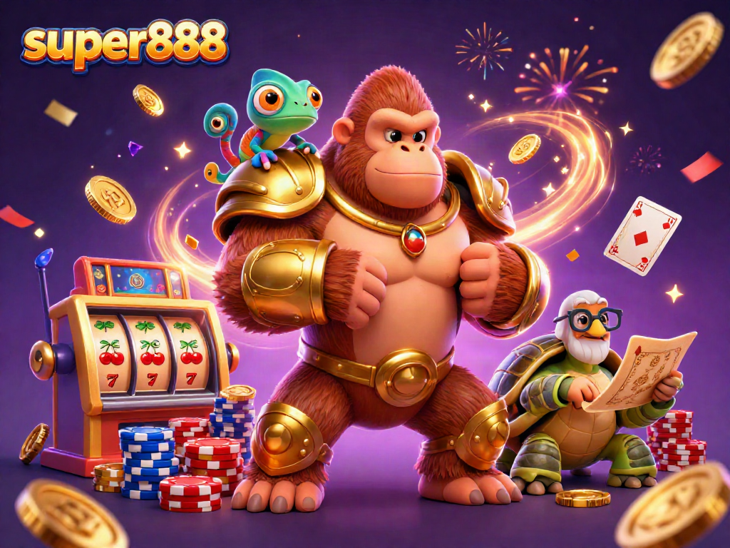 Super888 dalam ilustrasi kasino menampilkan karakter gorila yang kuat, chameleon, dan kura-kura dengan simbol slot yang berkilau