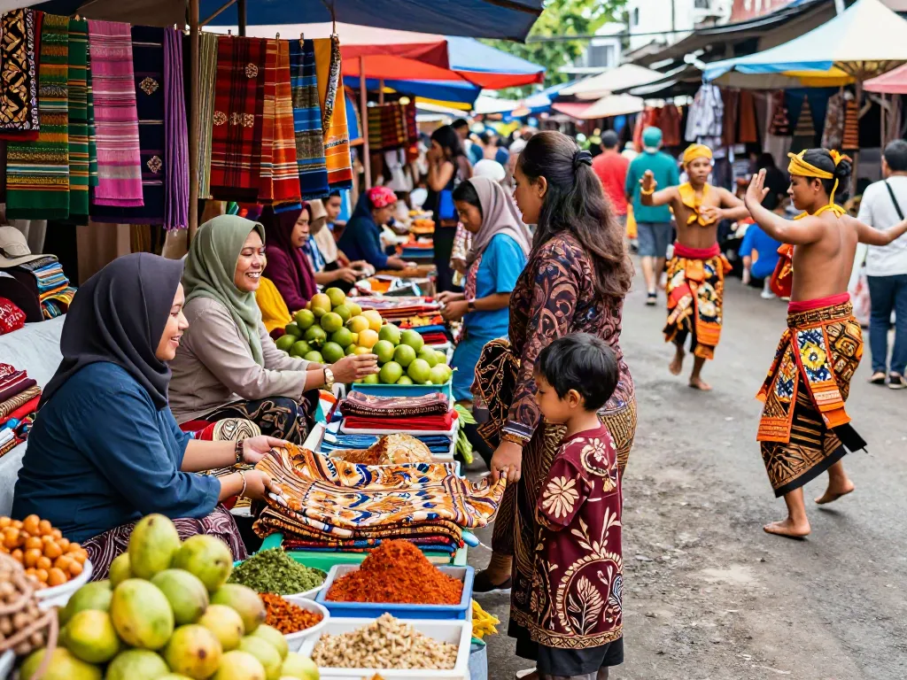 Pemandangan pasar outdoor yang meriah dengan aktivitas belanja dan pertunjukan budaya, menampilkan bukumimpi138 daftar yang kaya akan keberagaman.