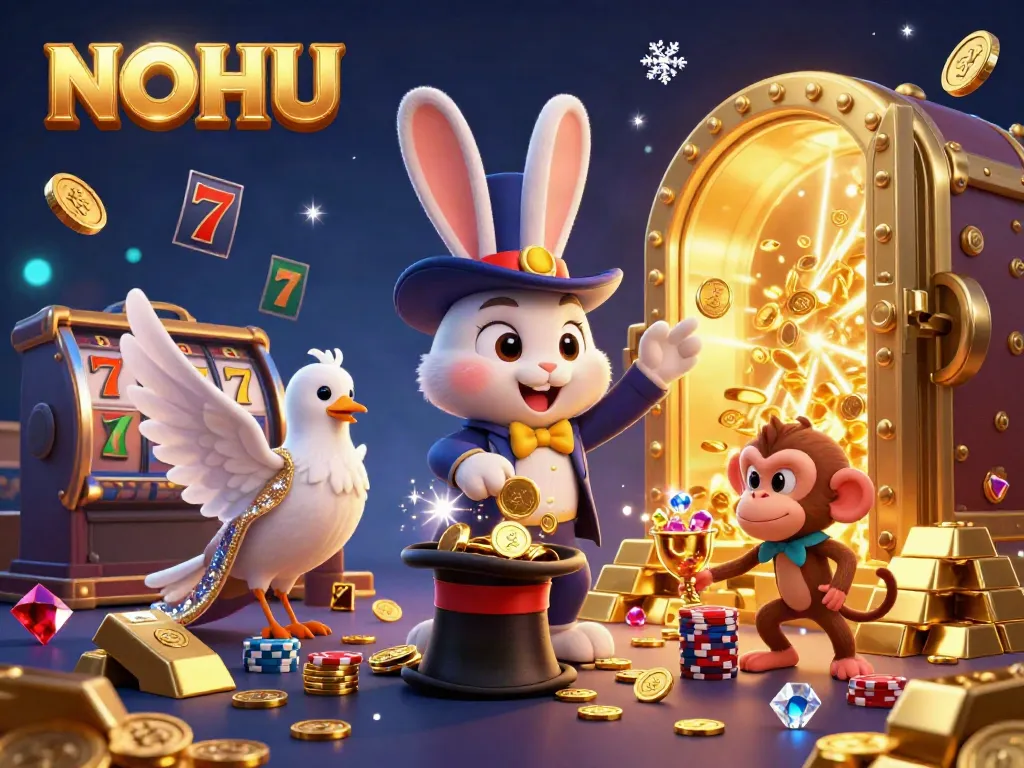 Experience excitement with NOHU's cartoon-style casino scene featuring golden coins and vibrant characters.