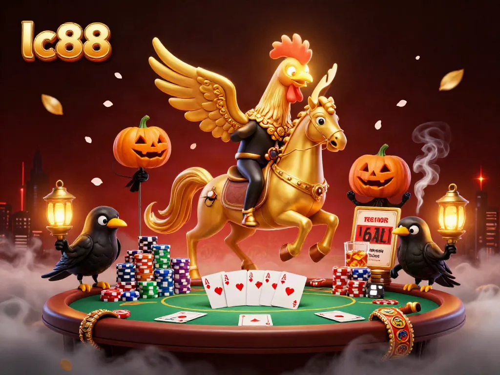 Experience the thrill at lc88, where a golden rooster and spectral horse bring casino excitement alive.