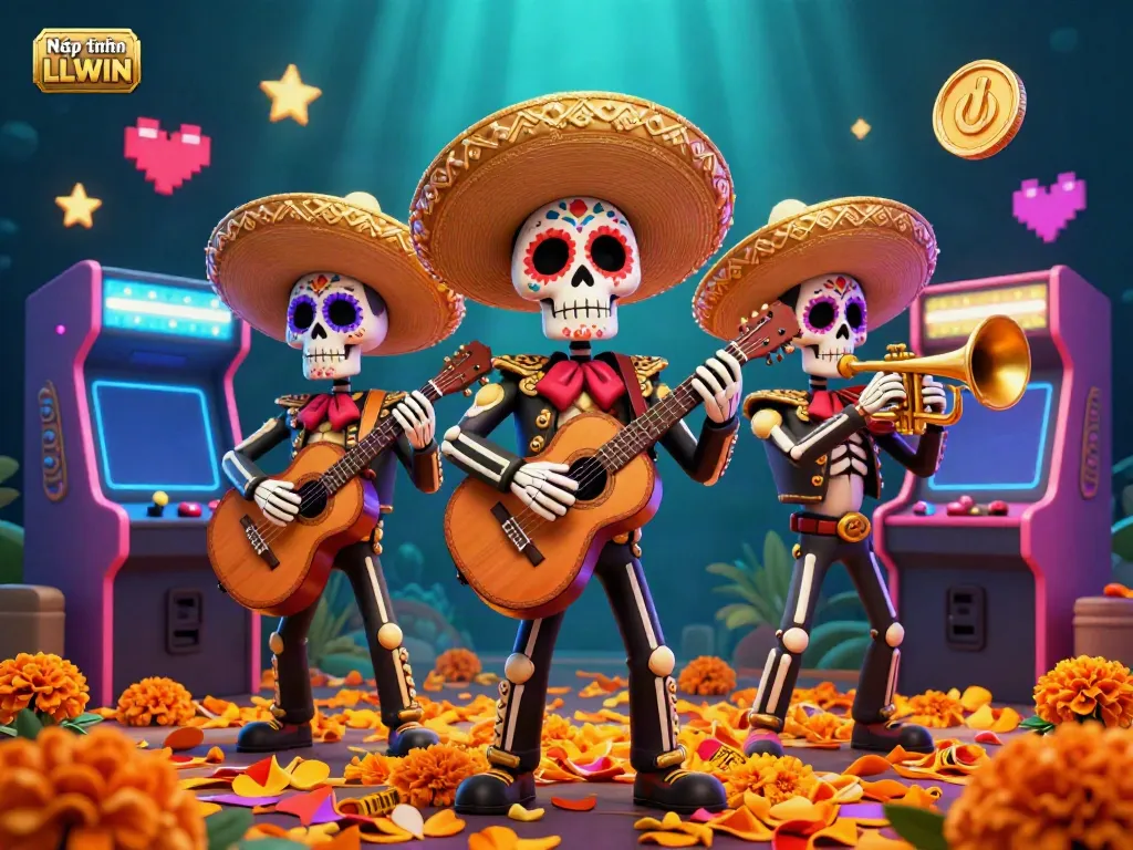 Nạp tiền LLWIN illustration depicting a Day of the Dead mariachi band amidst vibrant gaming elements.