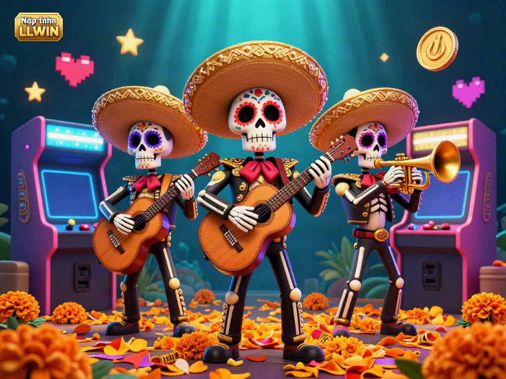 Nạp tiền LLWIN illustration depicting a Day of the Dead mariachi band amidst vibrant gaming elements.