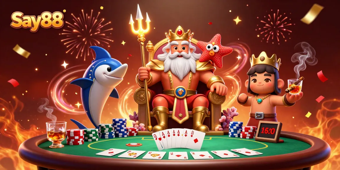 Experience the excitement of Say88 with Neptune and his warrior guards at a vibrant casino showdown.