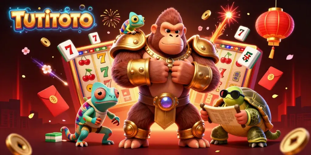 TUTITOTO showcases a vibrant 3D gambling scene with a mighty gorilla king and animated game symbols.