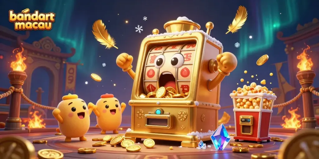 Taruhan bandar toto macau pada mesin slot emas, koin berjatuhan saat jackpot terjadi.
