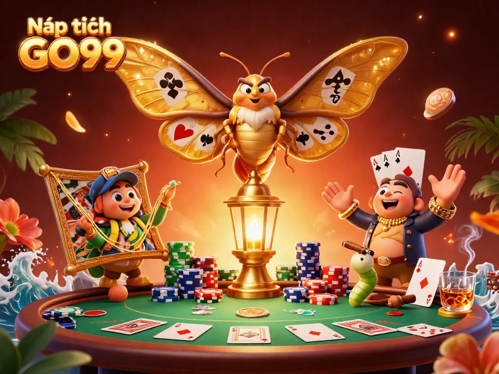 Nạp tiền GO99 vibrant illustration depicting a cartoon moth with golden wings above a poker table and casino elements