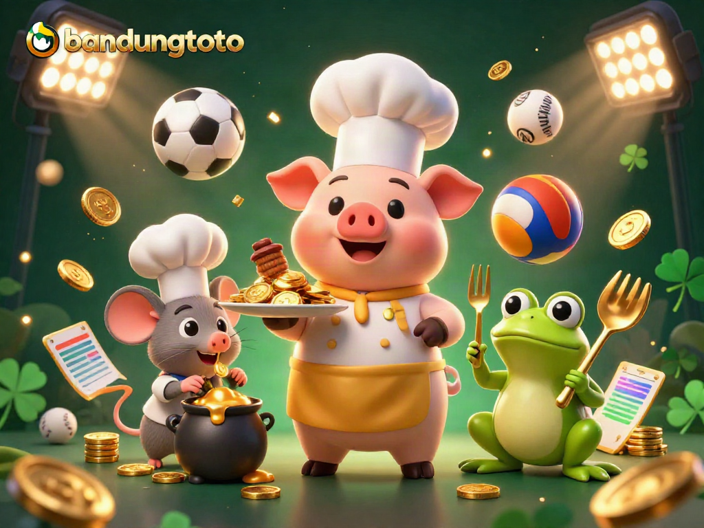 Engage with bandungtoto as a chef pig serves gold coins in a vibrant casino scene filled with exciting elements.