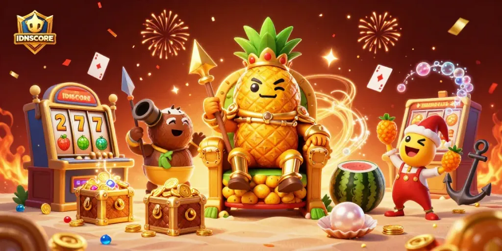 IDNSCORE brings excitement with a golden pineapple king and underwater treasures in a vibrant casino scene.