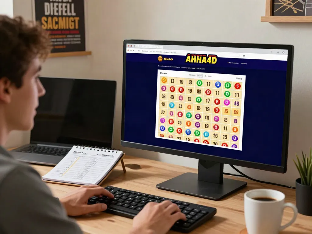 Pengguna antusias memeriksa hasil di website ahha4d di ruang kantor rumah yang nyaman.