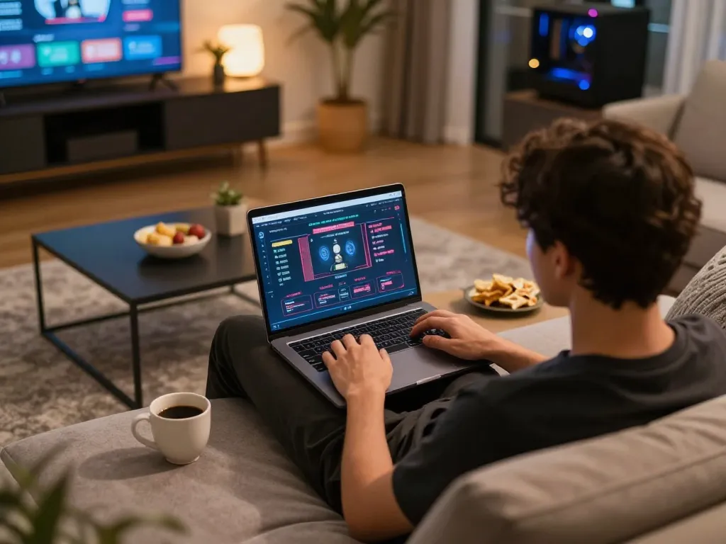 Engaging in online gambling at a situs pulsa online with a cozy home setup, showcasing gaming interface and warm lighting.
