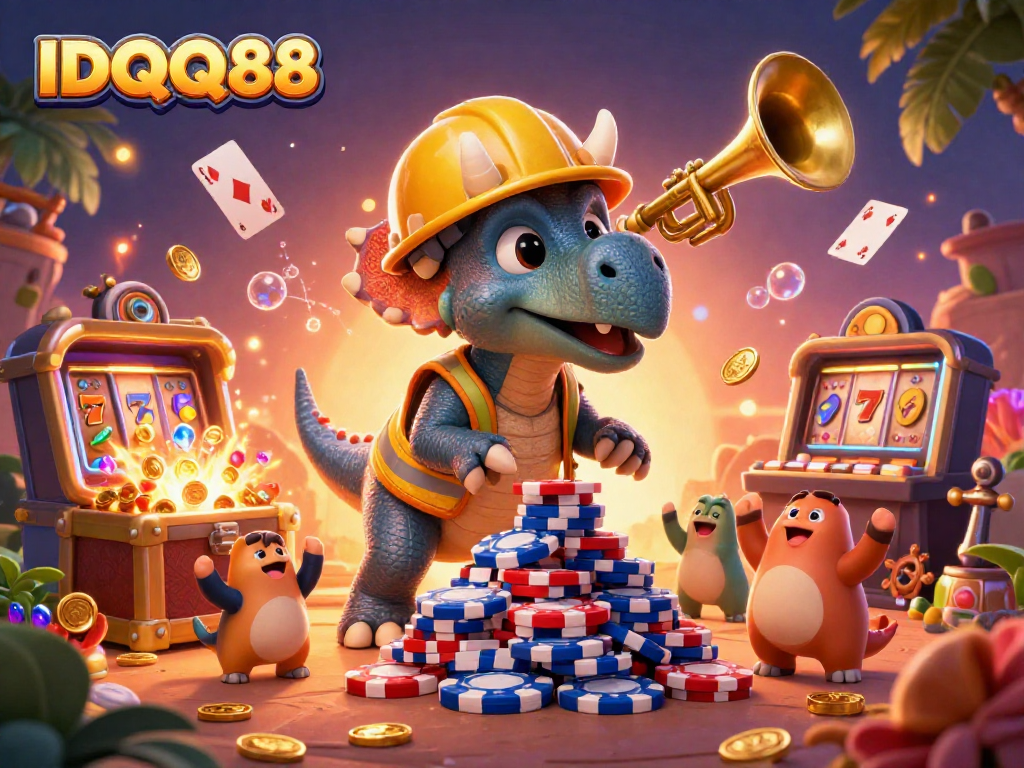 Celebrate big wins at IDQQ88 with a vibrant scene of dinosaurs and casino elements.