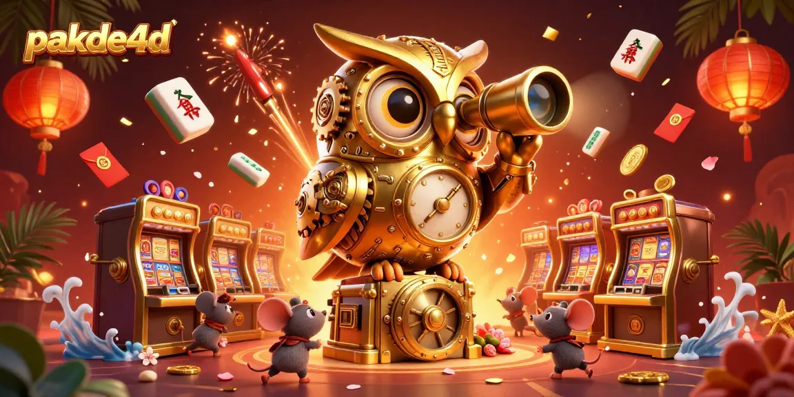 Experience pakde4d's thrilling gameplay with a whimsical scene of a golden owl and mice at a vibrant casino.