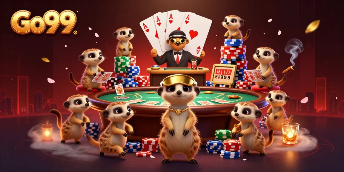 Go99 meerkats managing a vibrant casino with poker action, colorful chips, and dynamic gameplay