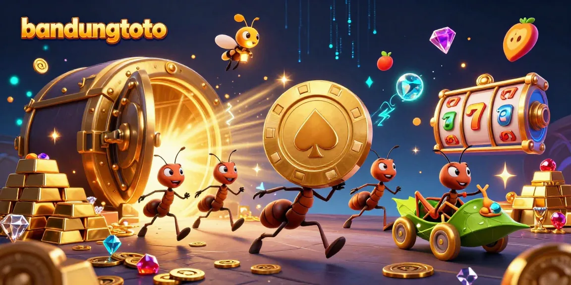 Witness a thrilling bandungtoto heist as cartoon ants transport a colossal poker chip through a vibrant casino tunnel.