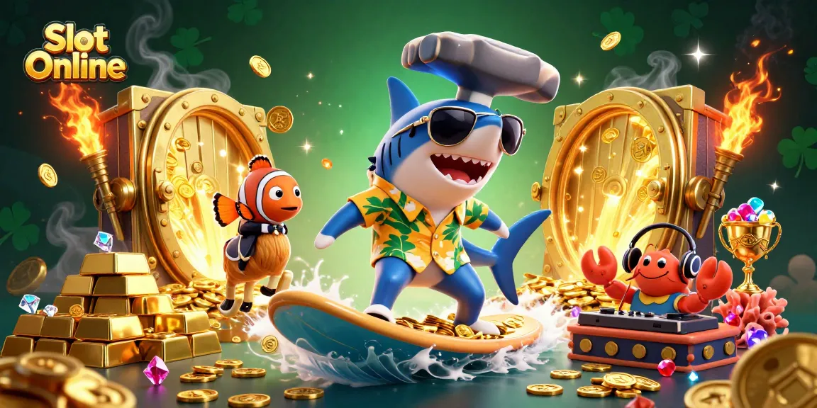 Experience the thrill of Slot Online with a vibrant illustration featuring dynamic characters and gold coins.