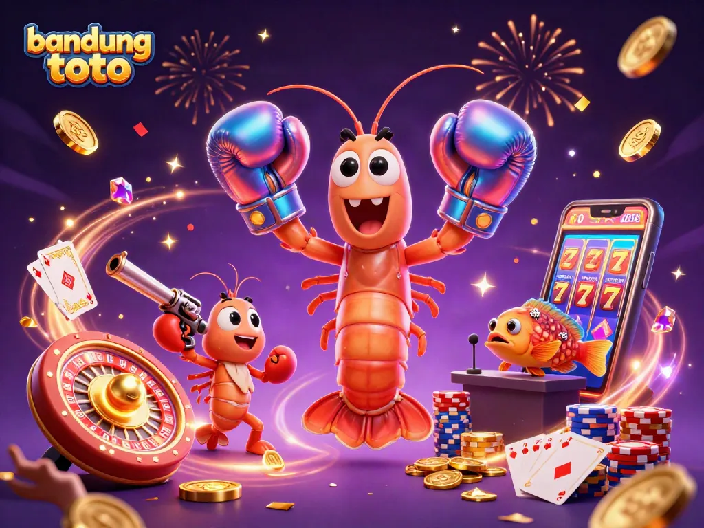 Engage with the top slot and toto gaming experience at bandung toto, featuring energetic 3D characters and vibrant casino elements.