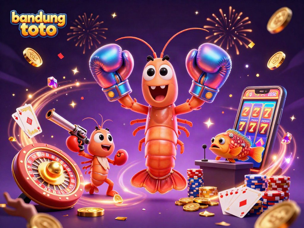 Engage with the top slot and toto gaming experience at bandung toto, featuring energetic 3D characters and vibrant casino elements.