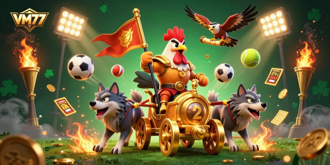 Experience the excitement of VM777 with a cartoon rooster warlord leading the charge in a dynamic betting scene.