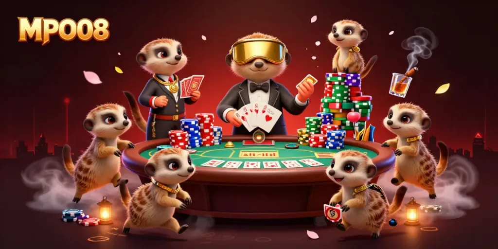 Experience the excitement of MPO08 as cartoon meerkats navigate a vibrant casino universe filled with poker games and vivid details.