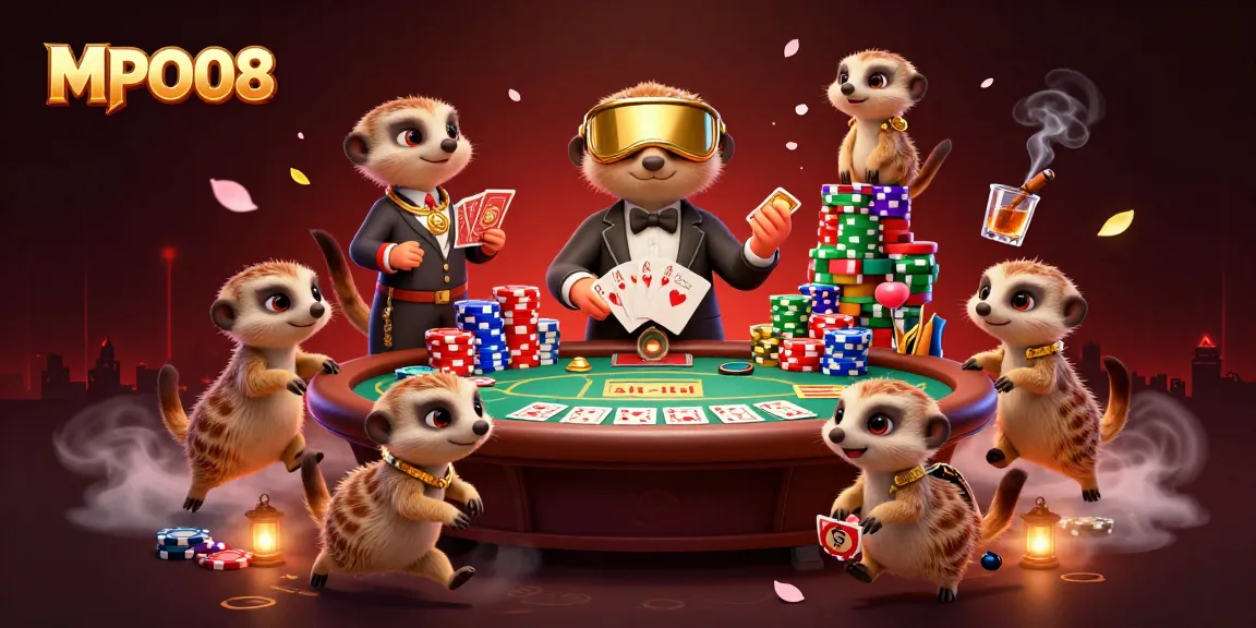 Experience the excitement of MPO08 as cartoon meerkats navigate a vibrant casino universe filled with poker games and vivid details.
