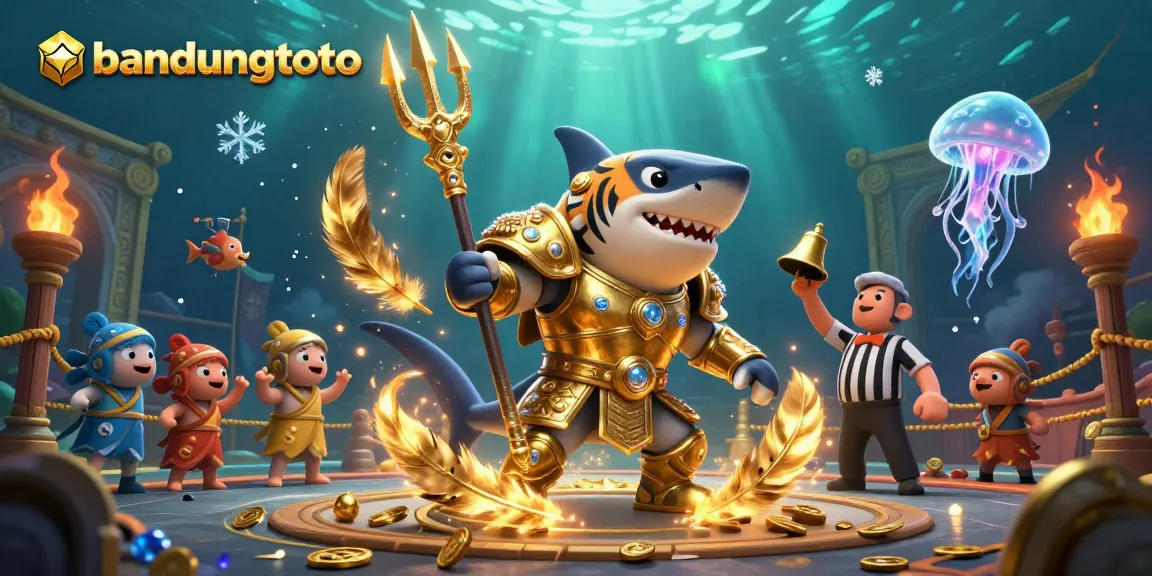 Experience bandungtoto's thrilling underwater casino, featuring a trident-wielding shark and cheering fish.