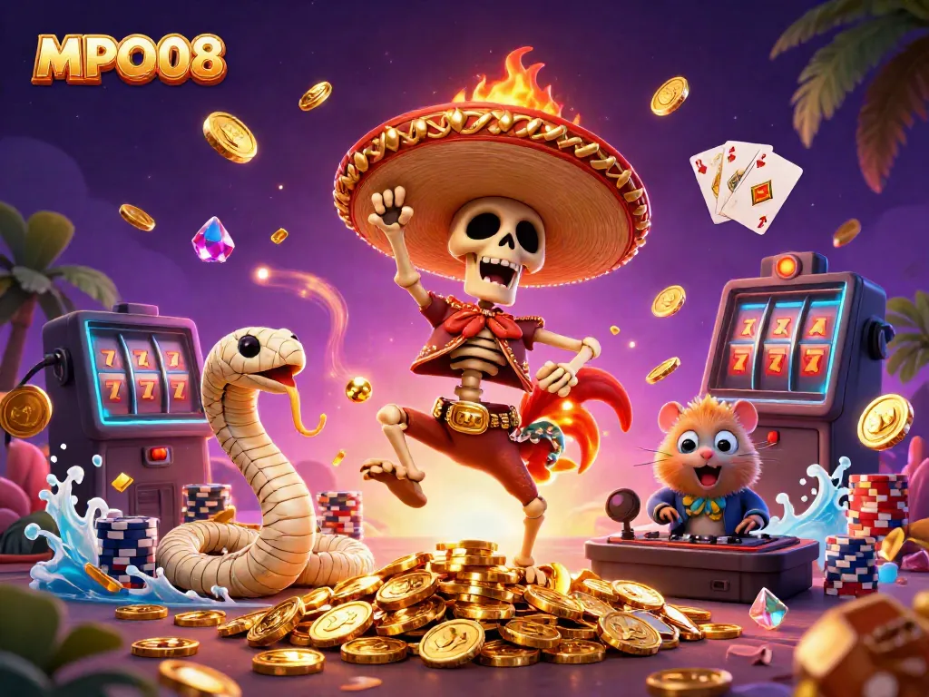 MPO08 showcases an exciting victory scene with a dancing mariachi rooster, mummy snake, and hamster DJ amid vibrant casino elements