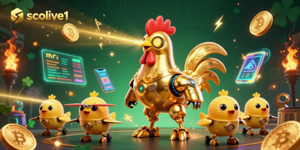 Socolive1 showcases a golden rooster robot and baby chick drones engaging in vibrant casino action with crypto coins.