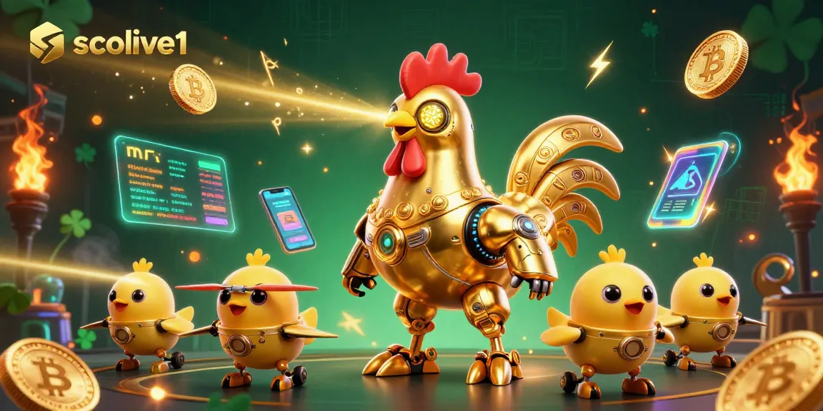 Socolive1 showcases a golden rooster robot and baby chick drones engaging in vibrant casino action with crypto coins.