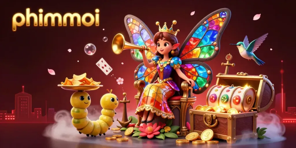 Engage with phimmoi's vibrant 3D casino scene featuring a butterfly queen and spinning slot reels.