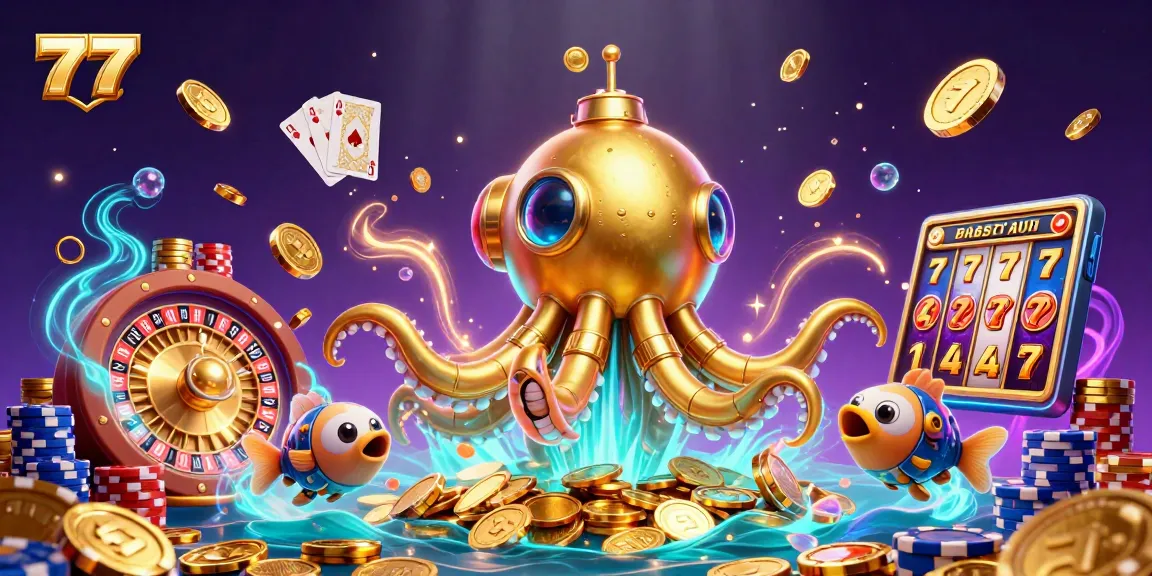 777-themed casino illustration featuring a golden kraken submarine diving through coins with slot reels.